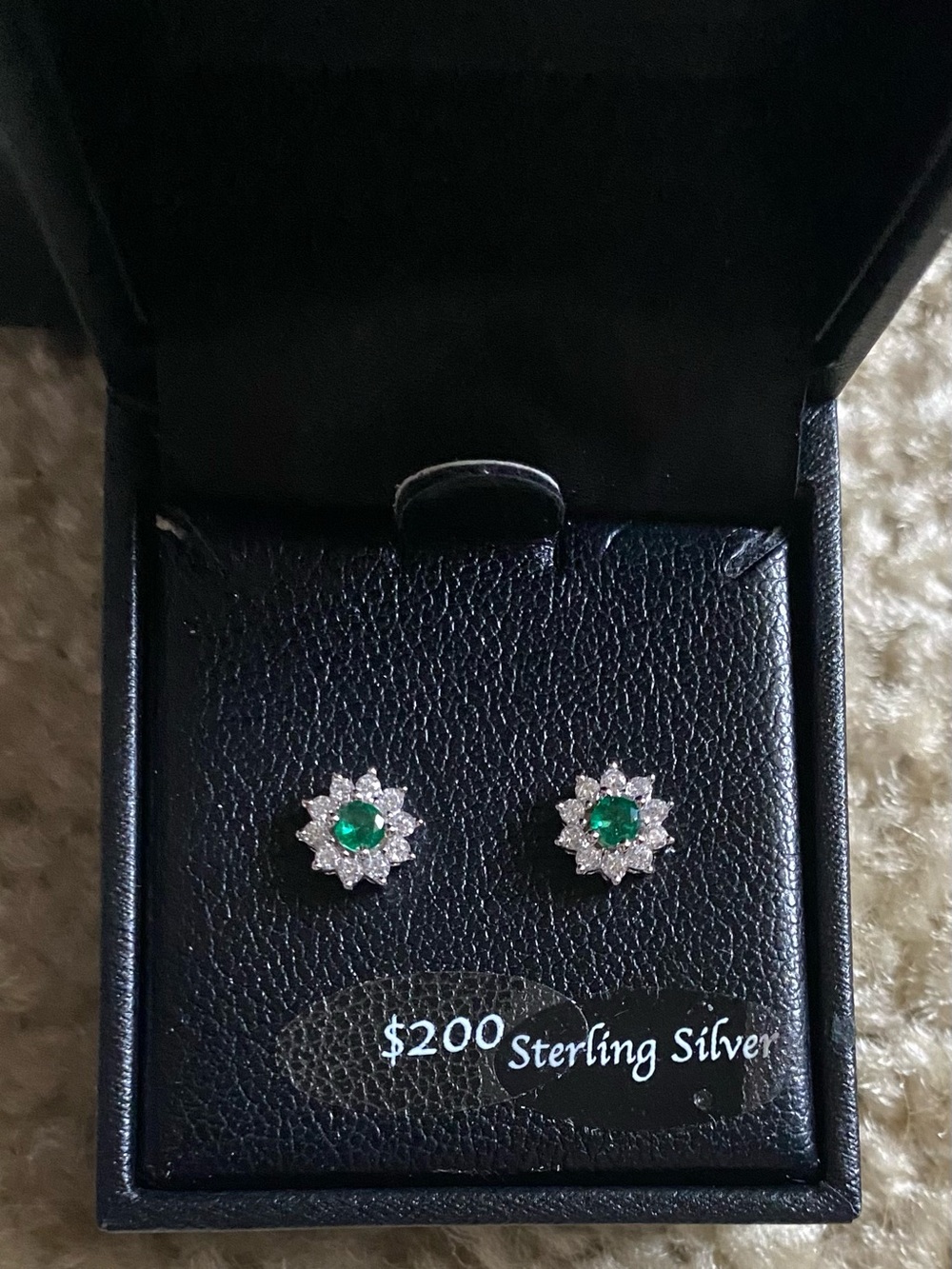 Macy's Sterling Silver Flower Stud Earrings with emerald center
